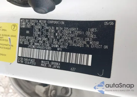 2006 Toyota Highlander Hybrid V6 z USA, uszkodzony, nr VIN JTEDW21A960015085